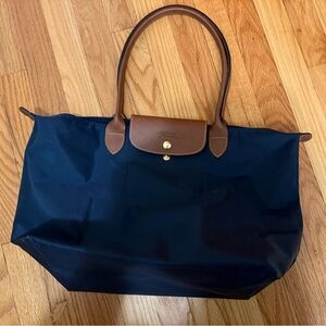 Longchamp Le Pliage Large Navy Tote Brown Leather Trim